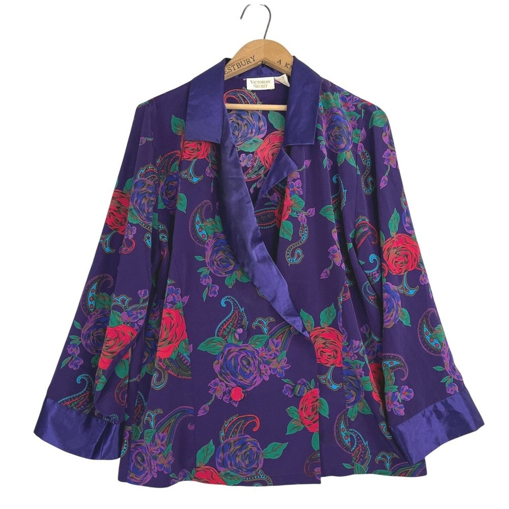 Vintage Victorias Secret Gold Label Purple Floral Paisley Satin Pajama Top M